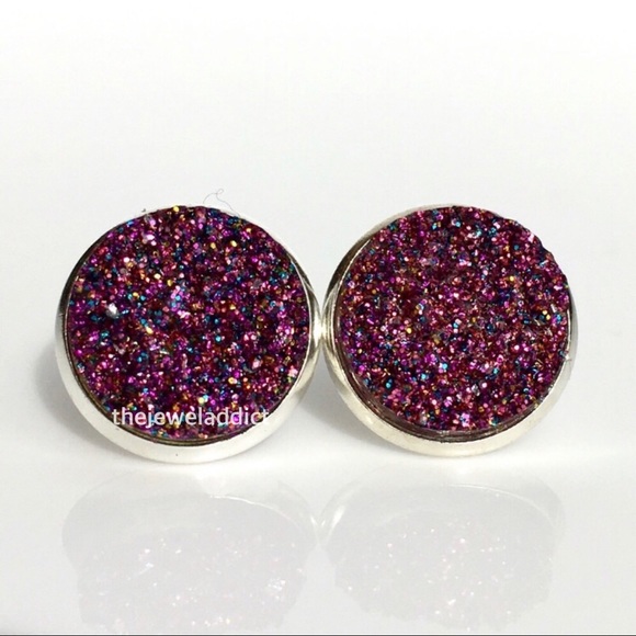 3 for 15🎀magenta glitter faux Druzy silver studs - Picture 2 of 14